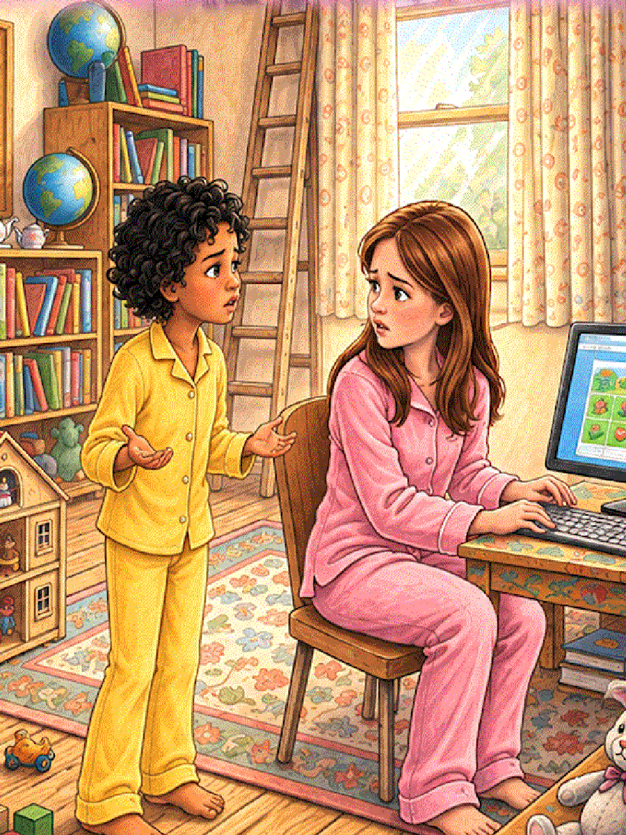 Cathy and Janice searching for Belgium in their playroom