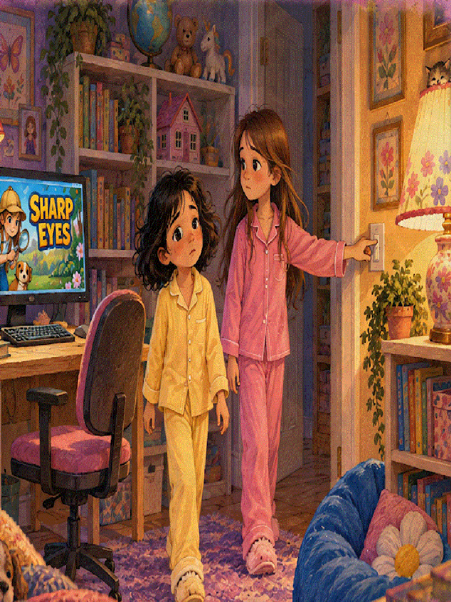 Cathy reaches for the playroom lamp while Janice is nearby