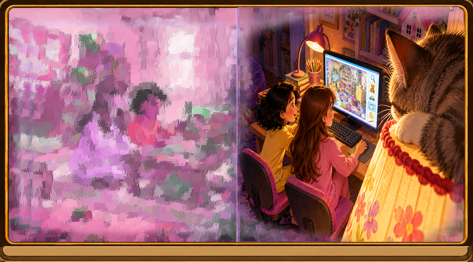 Cathy and Janice playing Sharp Eyes in their playroom