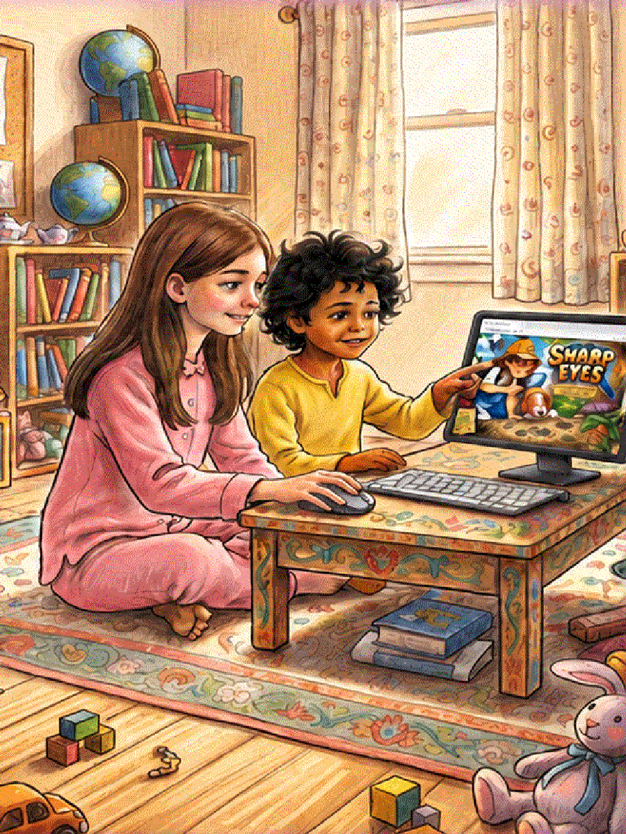 Cathy and Janice in the playroom, beginning their search for Belgium